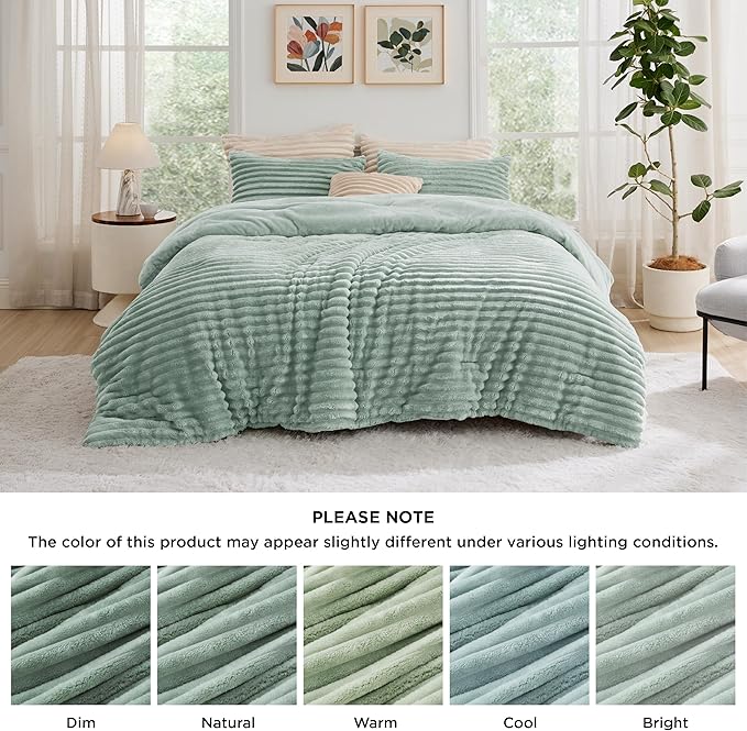 Bedsure California King Comforter - GentleSoft™ 3 Pieces Double-Side Fleece Comforter Set, Cozy Striped Room Decor Aesthetic, Luxury Sage Green Cal King Bedding with 2 Pillowcases, 104x96 Inches