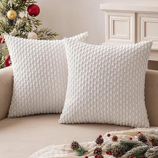 MIULEE Christmas Throw Pillow Covers Soft Corduroy Decorative Set of 2 Boho Striped Pillow Covers Pillowcases Farmhouse Home Decor for Couch Bed Sofa Living Room 16x16 Inch Pure White