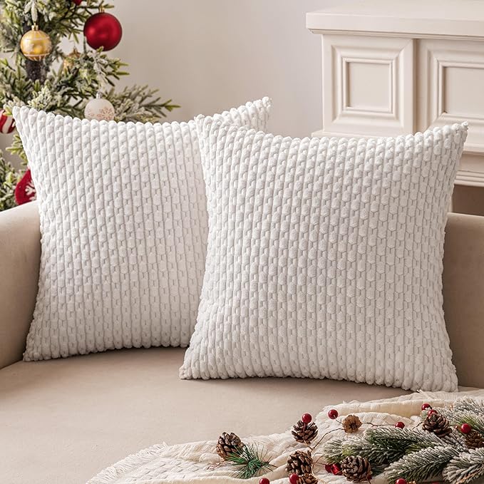 MIULEE Christmas Throw Pillow Covers Soft Corduroy Decorative Eruo Sham Set of 2 Boho Striped Pillow Covers Pillowcases Farmhouse Home Decor for Couch Bed Sofa Living Room 24x24 Inch Pure White