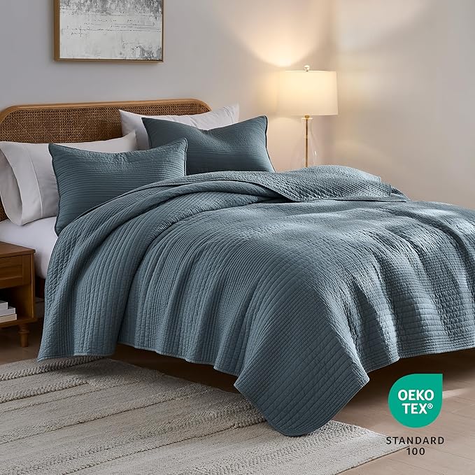 PALASSIO Striped Blue Grey 100% Cotton Quilt California Cal King Size Bedding Sets, Oversized Lightweight Channel Pick Stitch Textured Bedspread Soft Farmhouse Country Coverlet for All Season, 2 Shams