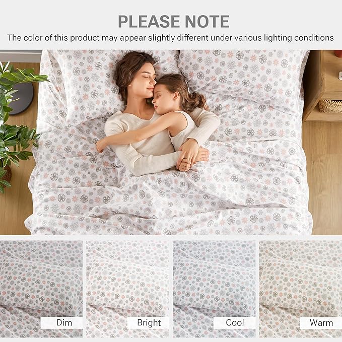 True North by Sleep Philosophy Cozy Flannel Warm 100% Cotton Sheet - Novelty Print Animals Stars Cute Ultra Soft Cold Weather Bedding Set, Full, Pink/Grey Snowflakes 4 Piece