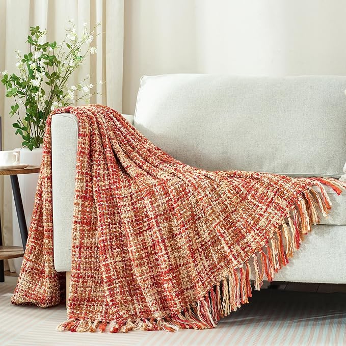 Multi-Color Dark Red Cable Knitted Throw Blanket for Couch,50"X60" Boho Style Textured Blankets for Home Decor,Super Soft Warm Cozy Chunky Knit Blanket with Decorative Tassels for Bed