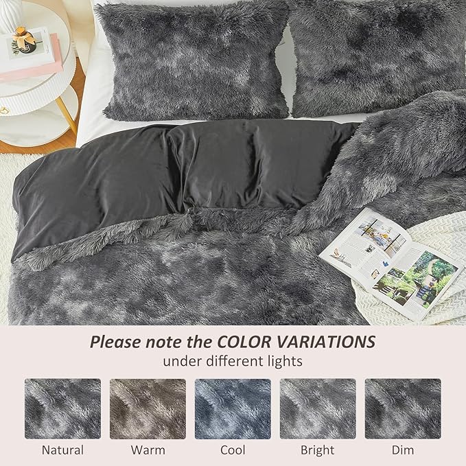 EMME Luxury Fuzzy Duvet Cover Set Twin Size Fluffy Comforter Cover Set for Twin Bed 2 Pieces Shaggy and Plush Soft Bedding Duvet Covers (Dark Grey, Twin)