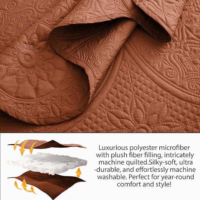 MOONLIGHT20015 10 Pack Queen Quilt Bedding Set (90" x 96") - Bulk Wholesale for Hotels, Guest Bedroom & Airbnbs - Lightweight Microfiber Reversible Floral Embossed Quilts Bedspreads (Rust)