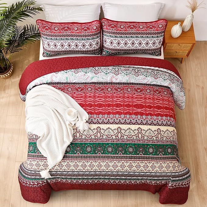 WONGS BEDDING Boho Quilt Set Full, Red Bohemian Quilt Bedding Set, Ultra Soft Lightweight Bedspread for All Season Reversible Microfiber Coverlet Bedding Set 90"x78"(3 Pieces)