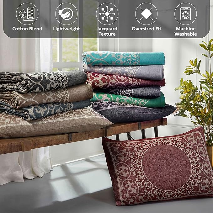 Superior Cotton Blend Bedspread Set, Includes Oversized Bedspread and 2 Matching Pillow Shams, Light Weight Blanket, Bedding Decor, Jacquard Vintage Floral Mandala, Lyron Collection - Twin, Berry Red