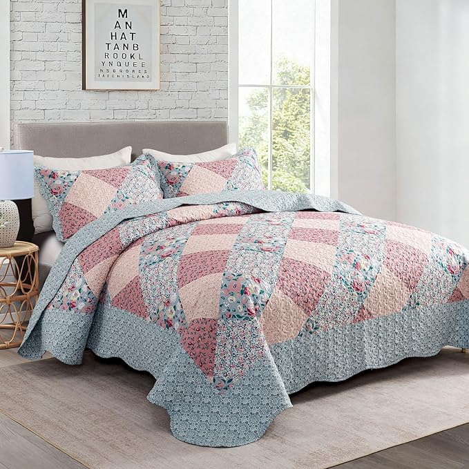 Travan 3-Piece Bedspread Quilt Set Lightweight Coverlet Set Garden Style Floral Printed Oversized Quilted Bedding Set with Shams for All Season, Exquisite, King Size