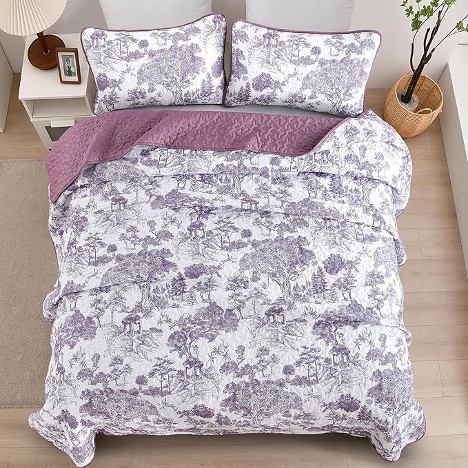 WONGS BEDDING Botanical Quilt Set King Size, Purple 3 Pieces Toile Floral Plants Printed Bedspread Bedding Set Soft Lightweight Microfiber Coverlet Set for All Season (104"x90")