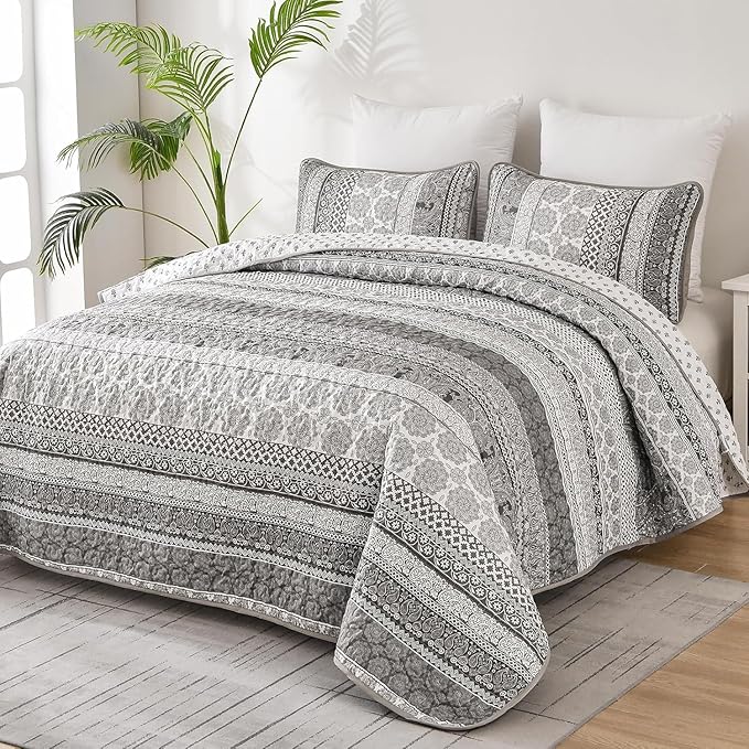 WONGS BEDDING Boho Quilt Set Full Size, Grey Bohemian 3 Pieces Quilt Sets, Lightweight Microfiber Bedspread Coverlet Bedding Set for All Season (78"x90")