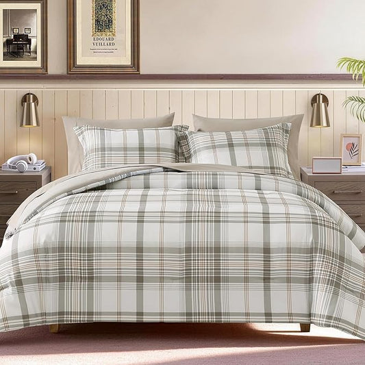 Twin XL Comforter Set Grey White, Plaid Bedding Set 5 Pieces for Boys Girls Teen, All Season Lightweight Bed in a Bag for Dorm with Sheets, Pillowcase & Sham