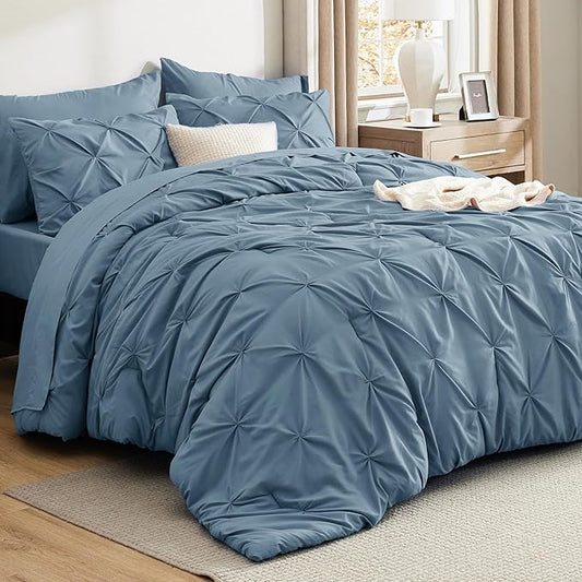 Bedsure California King Comforter Set Mineral Blue - Bed in a Bag Cal King Bedding Set 7 PCS, GentleSoft™ Pintuck Bed Set Gift for Family, Pinch Pleat Blue Comforter with Sheets, Pillowcases & Shams