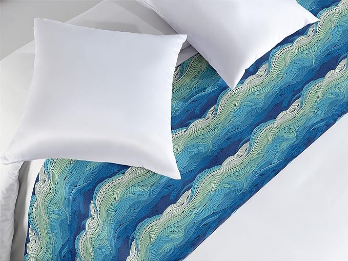 Lunarable Aquatic Bed Runner, Conceptual Ocean Themed Art Hand Drawn Waves Seascape Maritime, Decorative Accent Bedding Scarf for Hotels Homes and Guestrooms, Queen, Mint Green Pale Blue