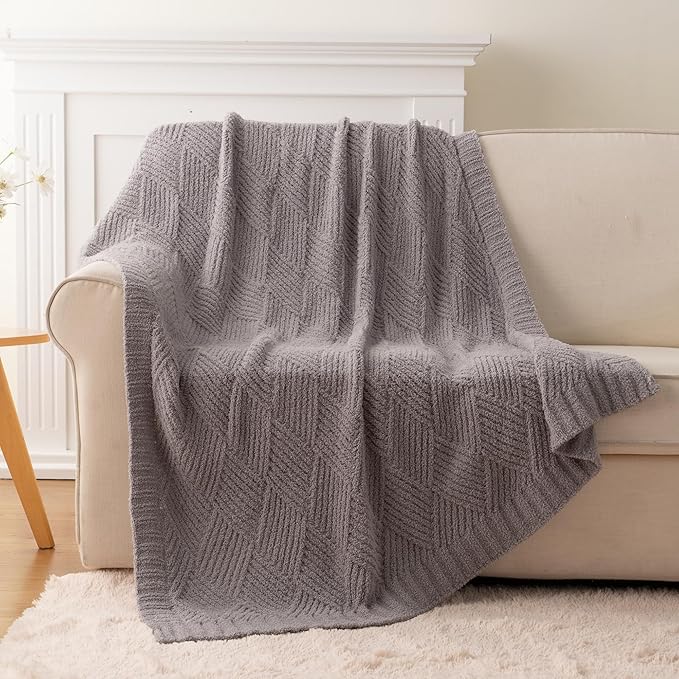 Battilo Grey Diamond Knit Throw Blanket for Couch and Bed, Soft Textured Chenille Blanket, Cozy Lightweight Decorative Blanket for Sofa, 50"x60"