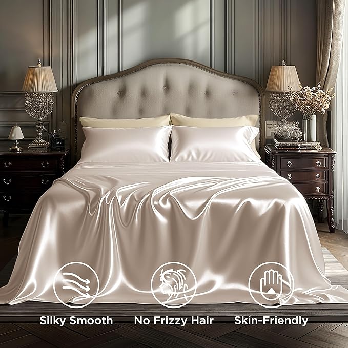 Bedsure Satin Sheets King Size - 4 Piece Silky Bedsheets with Elastic Corner Straps and 15 Inches Deep Pocket Fitted Bedsheet,1 Flat Sheet, 2 Satin Pillowcases, Good for Hair & Skin (King, Beige)