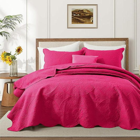 IR Imperial Rooms California King Quilt Bedding Set Size (118"x106") + 2 Pillow Shams (20" x 36"+ 2") - 3 Pcs All Season Reversible Microfiber Coverlet Embossed Floral Quilt Bedspread (Pink)