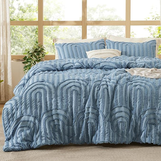Bedsure Boho Tufted Blue Comforter Set Queen Size, GentleSoft™ 3 Pieces Boho Farmhouse Decor Bedding, Arch Shabby Chic Bedding for All Seasons, 1 Bed Comforter, 2 Pillow Shams, 90x90 Inches