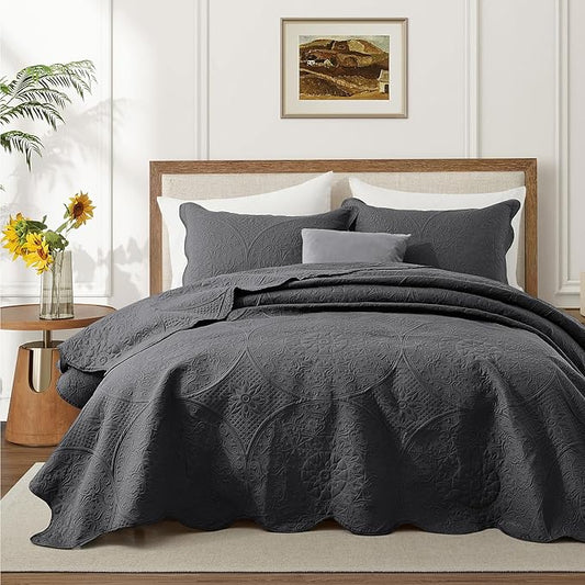 IR Imperial Rooms King Quilt Bedding Set Size (106" x 96") + 2 Pillow Shams (20" x 36"+ 2") - 3 Pcs All Season Lightweight Reversible Microfiber Coverlet Floral Embossed Quilt Bedspread (Charcoal)