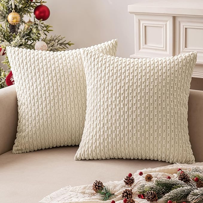 MIULEE Pack of 2 Decorative Throw Pillow Covers 24x24 Inch Soft Boho Striped Textured Corduroy Pillow Covers Modern Farmhouse Home Decor for Couch Bed Sofa Living Room Cream White