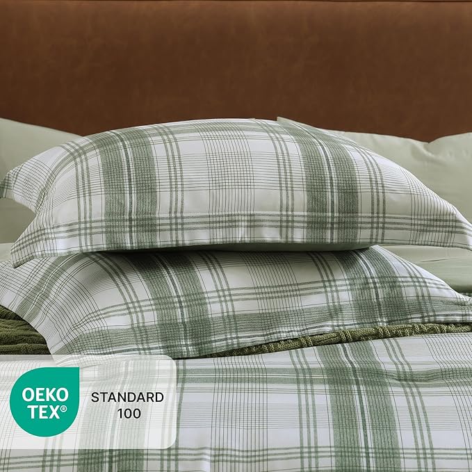 Plaid Queen Comforter Set, Green Bedding Set 7 Piece for Boys Girls Teen, Classic Homestead-Style Kids Comforter Set Bed in A Bag with Sheets, Pillowcases & Shams