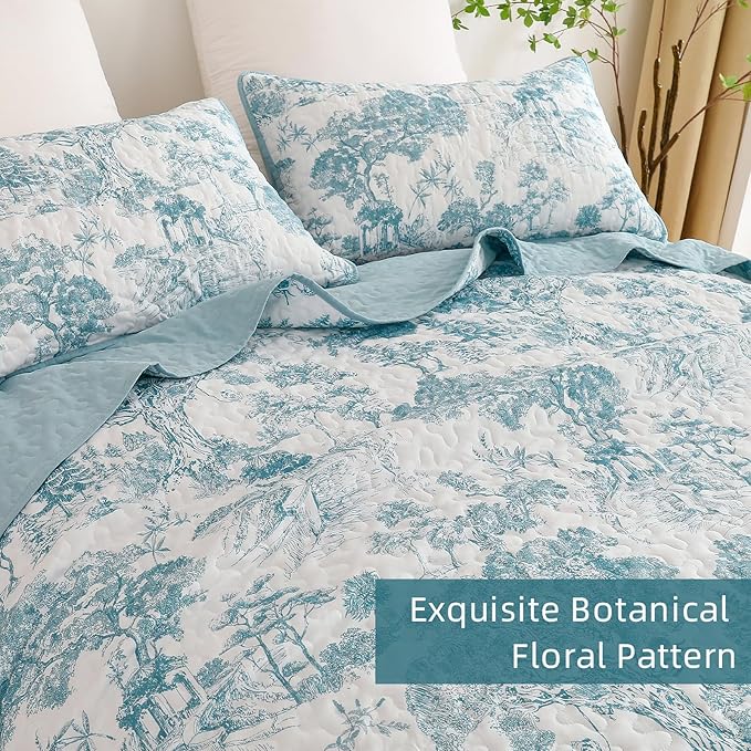WONGS BEDDING Botanical Quilt Set Queen Size, Blue 3 Pieces Toile Floral Plants Printed Bedspread Bedding Set Soft Lightweight Microfiber Coverlet Set for All Season (96"x90")