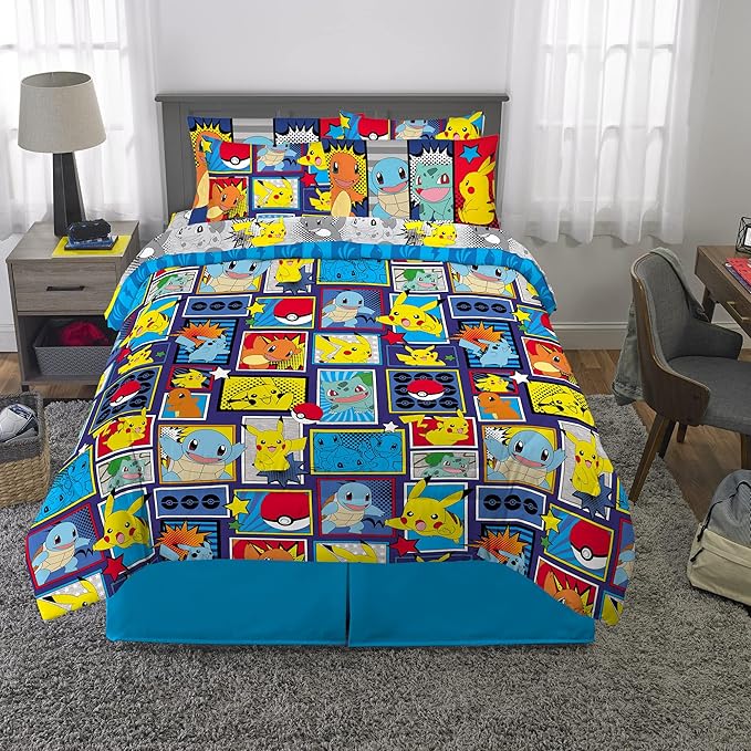 Franco Pokemon Bedding Super Soft Comforter and Sheet Set with Sham, 7 Piece Queen Size, (Official Licensed Product)
