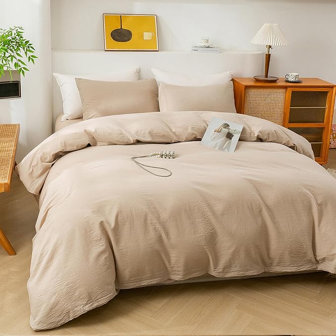 ECOCOTT Duvet Cover Queen Size, 100% Washed Cotton 1 Duvet Cover with Zipper and 2 Pillowcases, Ultra Soft and Easy Care Breathable Cozy Simple Style Bedding Set(Queen, Khaki)
