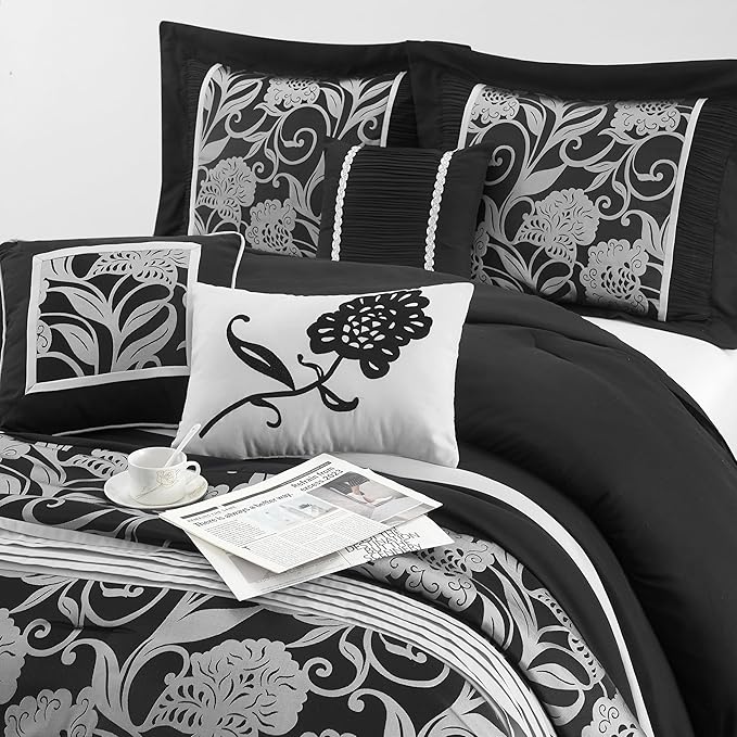 Grand Avenue Black Sliver Comforter Set King Size, 7 Piece Jacquard Floral Bedding Set, All Season, Ultra-Soft, Matching Pillows & Shams, Bed Skirt