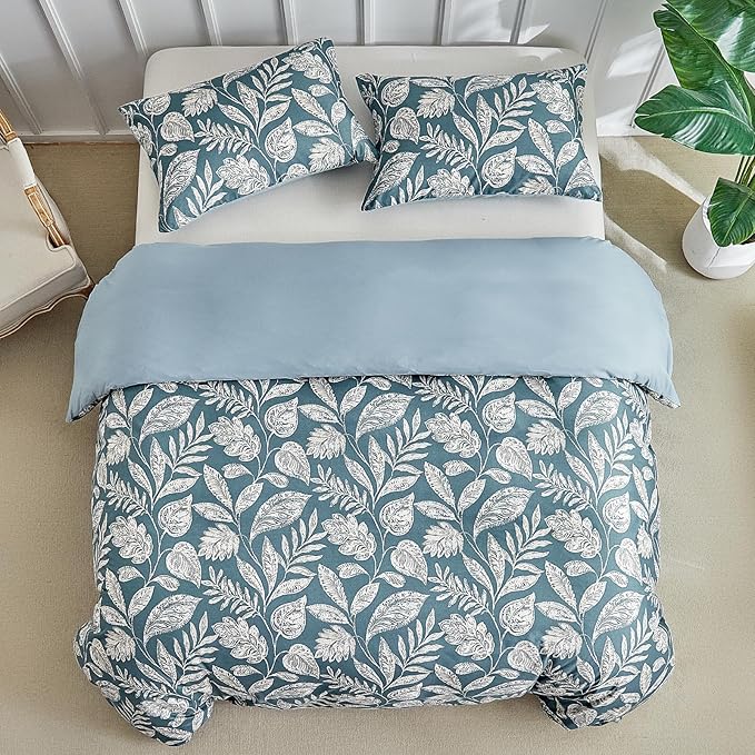 Lekesky Duvet Cover King Size, Reversible Teal Blue Floral Comforter Cover Set King Size 3pc, Soft 100% Washed Microfiber Breathable Bedding Sets with Zipper Ties and 2 Pillowcases
