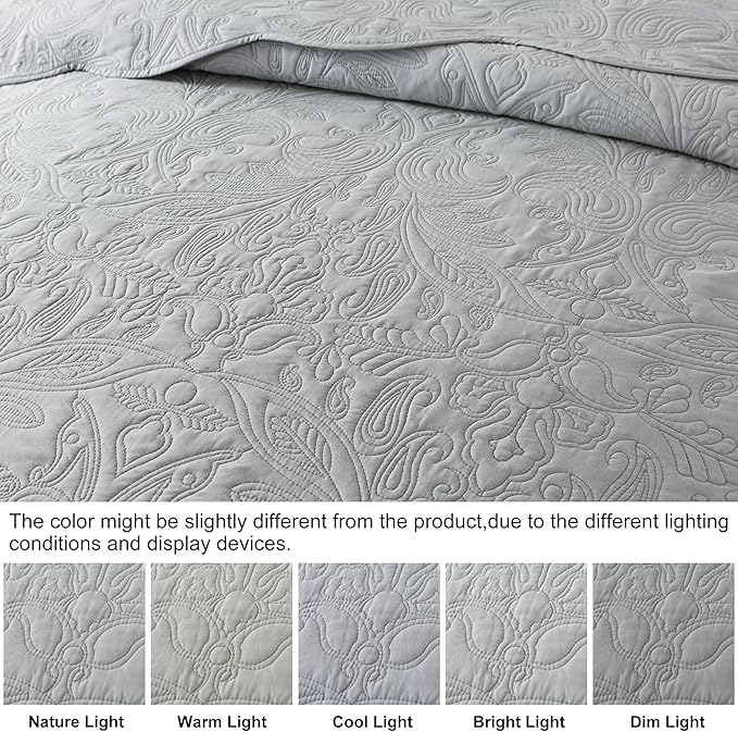 HoneiLife Quilt Set Queen Size - 3 Piece Queen Quilt Bedding Set Microfiber Quilt Sets Lightweight Bedspreads Reversible Coverlets Retro Bed Cover Floral Bedding Set All Season Quilts-Light Grey