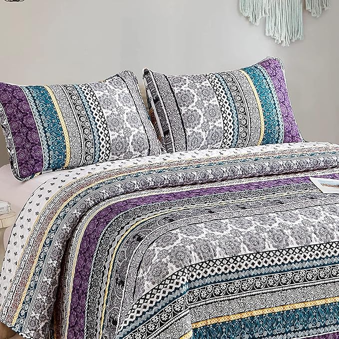 WONGS BEDDING Boho Quilt Set California King Size, Purple Bohemian 3 Pieces Quilt Sets, Lightweight Bedspread Coverlet Bedding Set for All Season (106"x96")