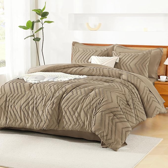 Litanika Oversized King Size Comforter Set with Sheets Taupe - 7 Pieces Bed in a Bag Oversized King Boho Tufted Complete Bedding Sets with Comforter, Sheets, Pillowcases & Shams