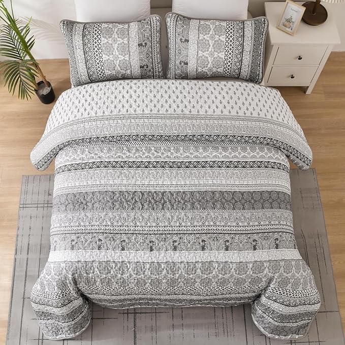 WONGS BEDDING Boho Quilt Set Full Size, Grey Bohemian 3 Pieces Quilt Sets, Lightweight Microfiber Bedspread Coverlet Bedding Set for All Season (78"x90")