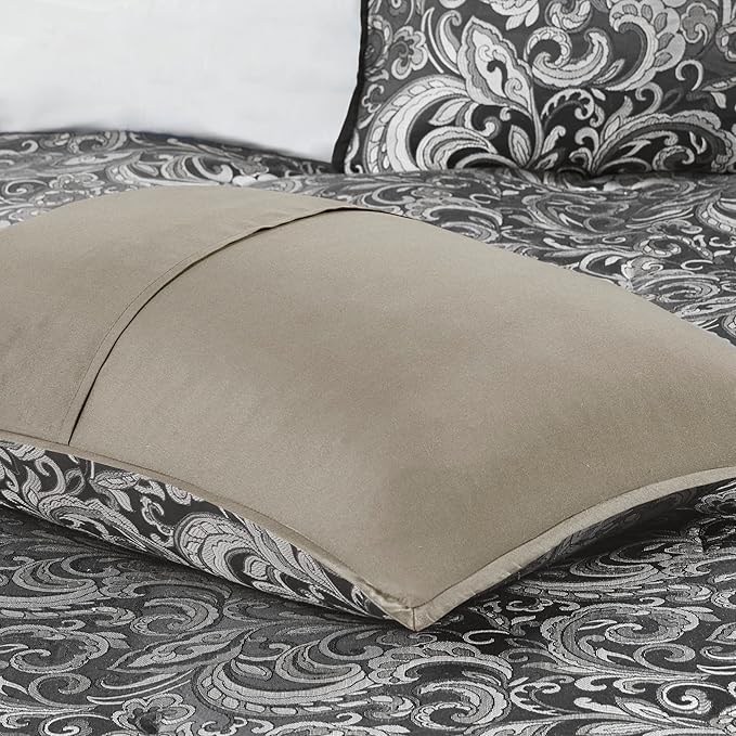 Madison Park Essentials Brystol 24 Piece Room in a Bag Faux Silk Comforter Jacquard Paisley Design Matching Curtains Down Alternative All Season Bedding-Set, Black 24 Piece, King(104 in x 92 in)