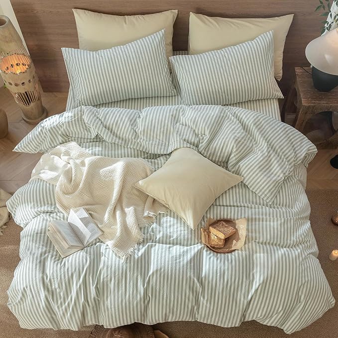 MooMee Striped Duvet Cover Set 100% Washed Cotton Linen Like Textured Breathable Durable Soft Comfy (Sage Green White Classic Stripes, Super King 108"x98")
