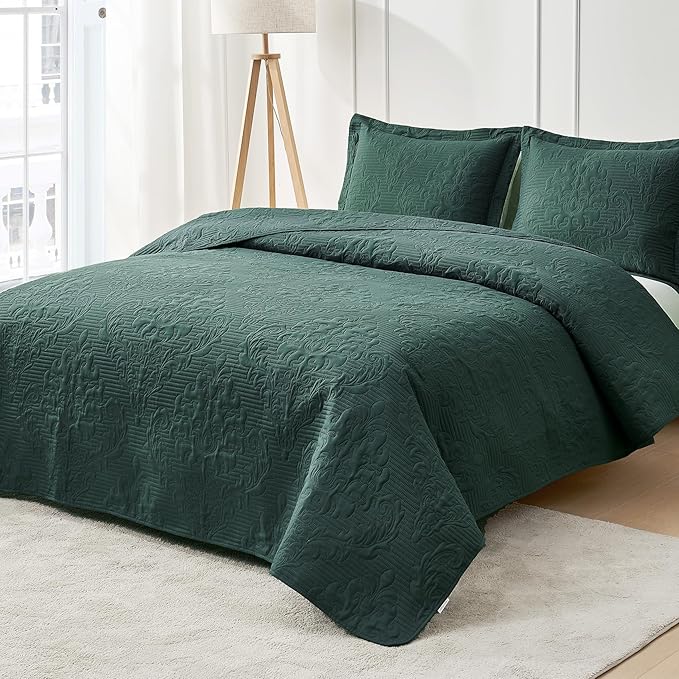Hansleep Green Quilt Queen Size - Damask Ultrasonic Summer Bedspread Queen, Soft Lightweight Coverlet Bedding Set, 3 Pieces (1 Quilt, 2 Pillow Shams)