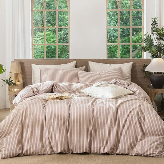 MooMee Striped Duvet Cover Set 100% Washed Cotton Linen Like Textured Breathable Durable Soft Comfy (Orange White Wide Stripes, Oversized Queen 98"x98")