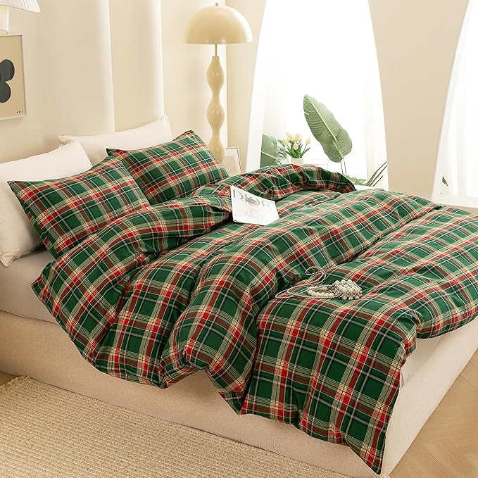 ECOCOTT Buffalo Plaid Duvet Cover Queen Size– 3 Piece Green Checkered Bedding Set, 100% Washed Cotton, Soft Breathable Reversible Design with Zipper Closure & Corner Ties
