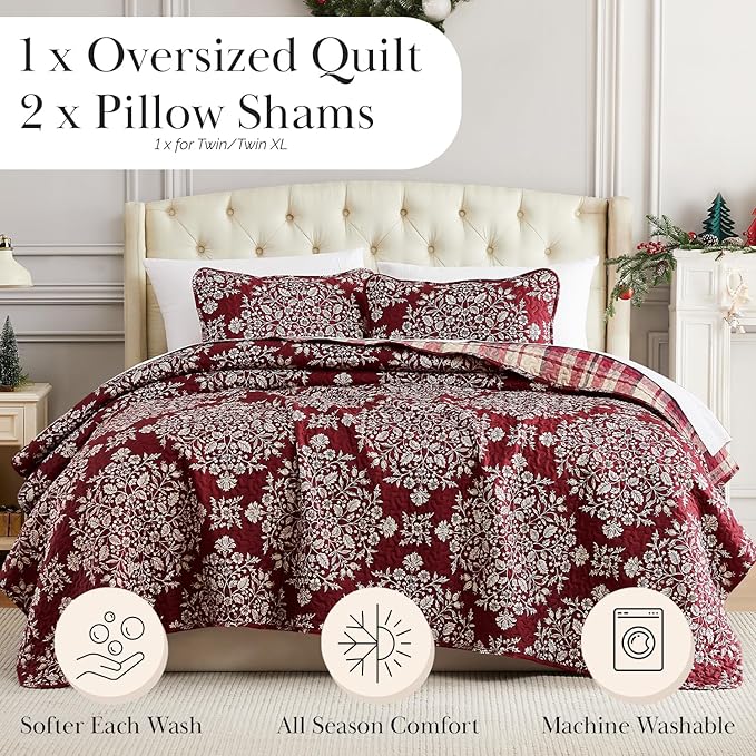 Southshore Fine Living King Size Christmas Quilt with 2 Pillow Shams - Reversible Red Plaid Christmas Bedding Holiday Decor King Coverlet - Red Plaid