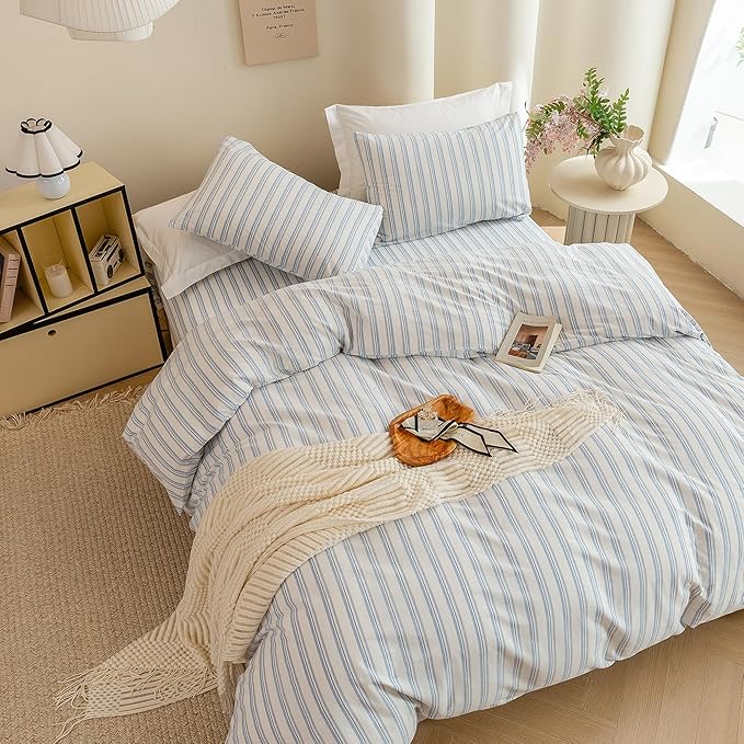 ECOCOTT Striped Duvet Cover King Size -100% Washed Cotton Linen Like Textured Breathable Durable Soft Comfy Bedding Set with Zipper Closure & Corner Ties