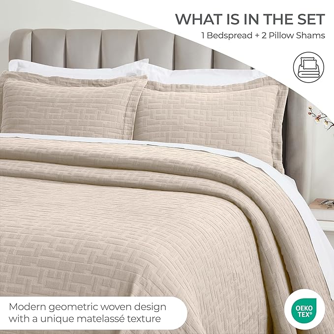 Superior 3 Piece Cotton Bedspread and Sham Set, Home Bed Decor, Decorative Bed Spread, 2 Pillow Shams, Medium Weight, Geometric Matelasse Coverlet, Bedding Essentials, Madrid Collection, Queen, Beige