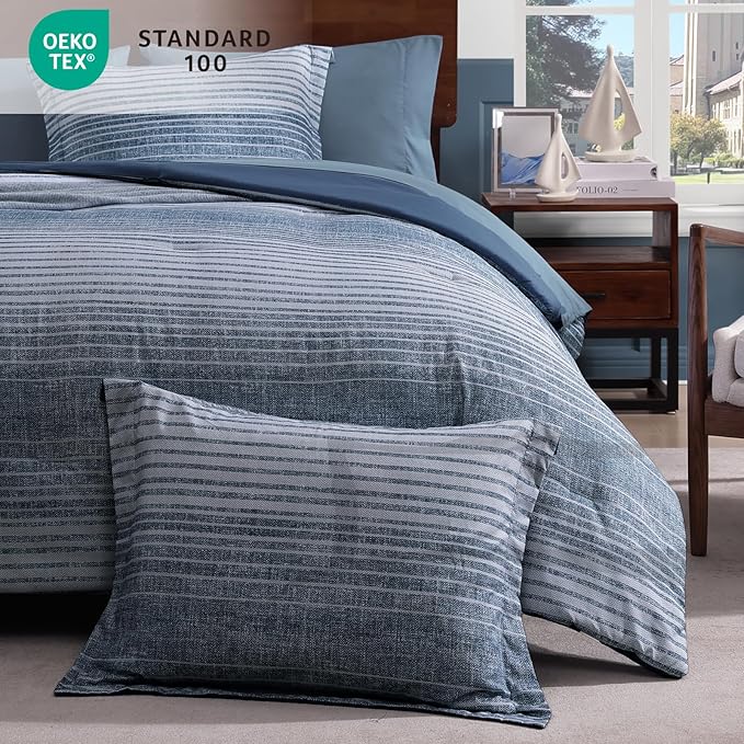 Full Comforter Set Striped, Lake Blue Bedding Set 7 Pieces for Boys Girls Teen, All Season Bed in a Bag for Dorm with Sheets, Pillowcases & Shams