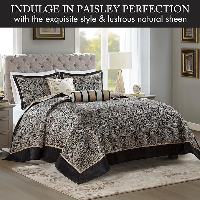 Madison Park Aubrey Reversible Quilted Bedspread Set, Solid Reverse Summer Breathable, Lightweight All Season Bedding Layer, Matching Shams, Bedspread Queen(102"x118"), Black 5 Piece
