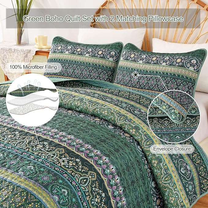WONGS BEDDING Boho Quilt Queen Size, Green Bohemian Queen Quilt, Lightweight Microfiber Bed Decor Bedspread for All Season 96"x90"(3 Pieces)