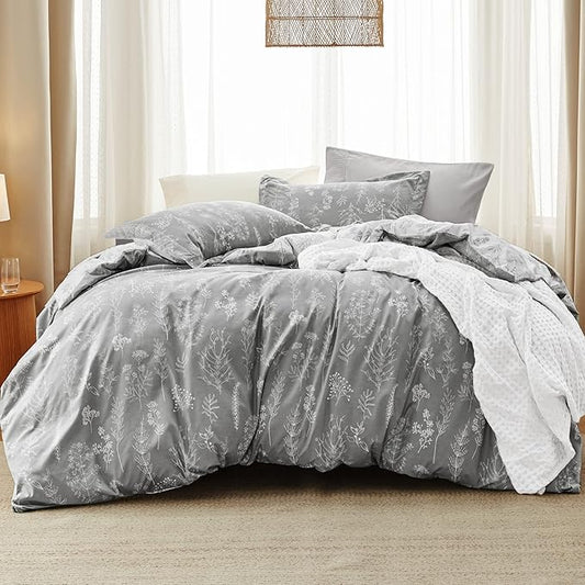 Bedsure Twin/Twin XL Comforter Set - Grey Bed Set, 2 Pieces Cute Floral Bedding, 1 Soft Reversible Botanical Flowers Comforter and 1 Pillow Sham