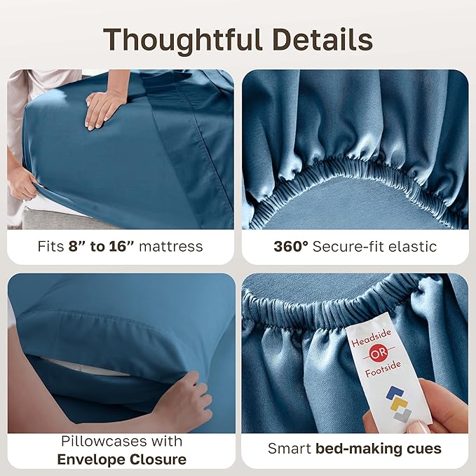 California Design Den 6-Pc King Size Sheet Set with 4 Pillowcases - Soft 400 Thread Count 100% Cotton Sheets, Sateen Weave, Deep Pocket Bedsheets Set - Peacock Blue