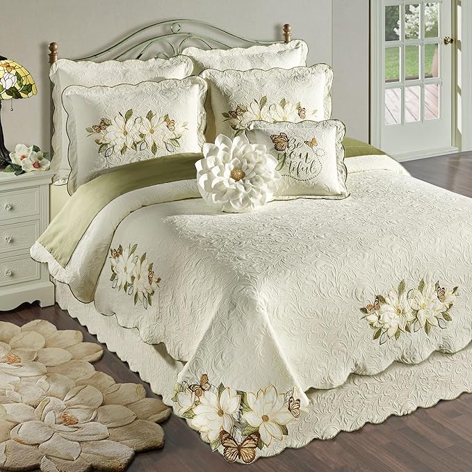 Sweetbay Matelasse Bedding | Magnolia, Butterfly, & Leaf Velvet Applique | 10-Pc Ivory Lightweight Bed Set: Full Coverlet, Bedskirt, 2 Standard Shams, 2 Euro Shams, 2 Euro Inserts, & 2 Accent Pillows