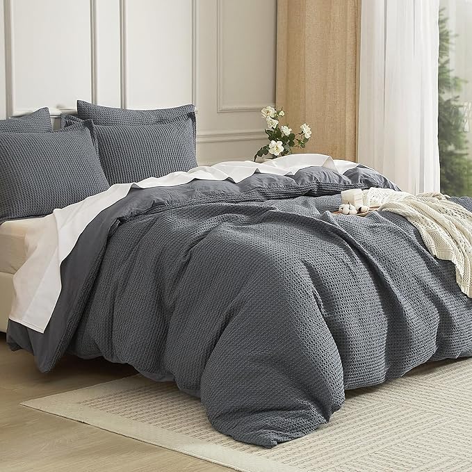 SE SOFTEXLY Waffle Duvet Cover Queen, 100% Cotton Waffle Weave Bedding Duvet Cover Set, Soft and Breathable Comforter Cover for All Season, 3 Pieces Including Pillow Shams（Dark Grey, 90”x90”）