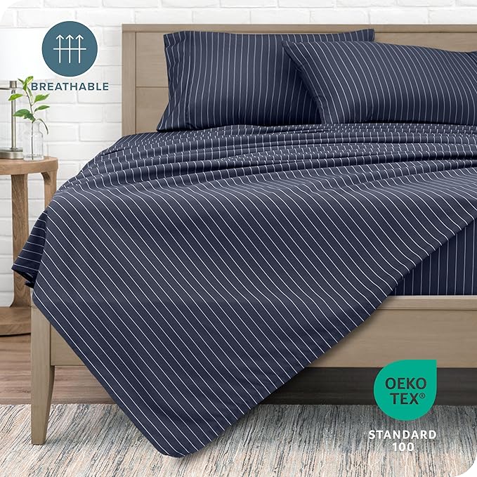 Bare Home Queen Sheet Set - Luxury 1800 Ultra-Soft Microfiber Double Brushed - Deep Pockets - Easy Fit - 4 Piece Set (Queen, Pinstripe - Midnight/White)
