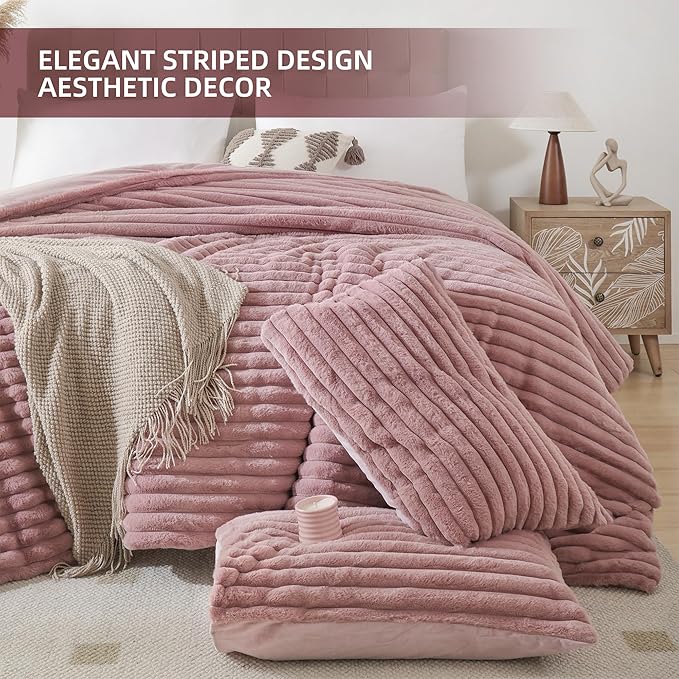 Smoofy Fluffy King Size Comforter Set 3 Pieces - Old Pink Fleece Fluffy Comforter King Size, Luxury Fuzzy King Bedding Set, Soft King Size Bed Set All Season, Heavy Bedding King with 2 Pillow Cases