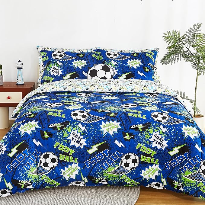 Mooreeke Kids Twin Comforter Sets for Boys 6 Pieces Cool Football Bedding Set for Teens Microfiber Blue Green Soccer Kids Bed in A Bag with Comforter, Sheet Set, Shams and Decorative Toy Pillow